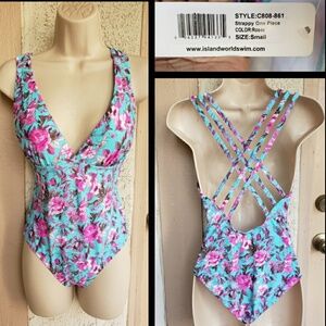 New women SMALL floral one piece strappy swimsuit